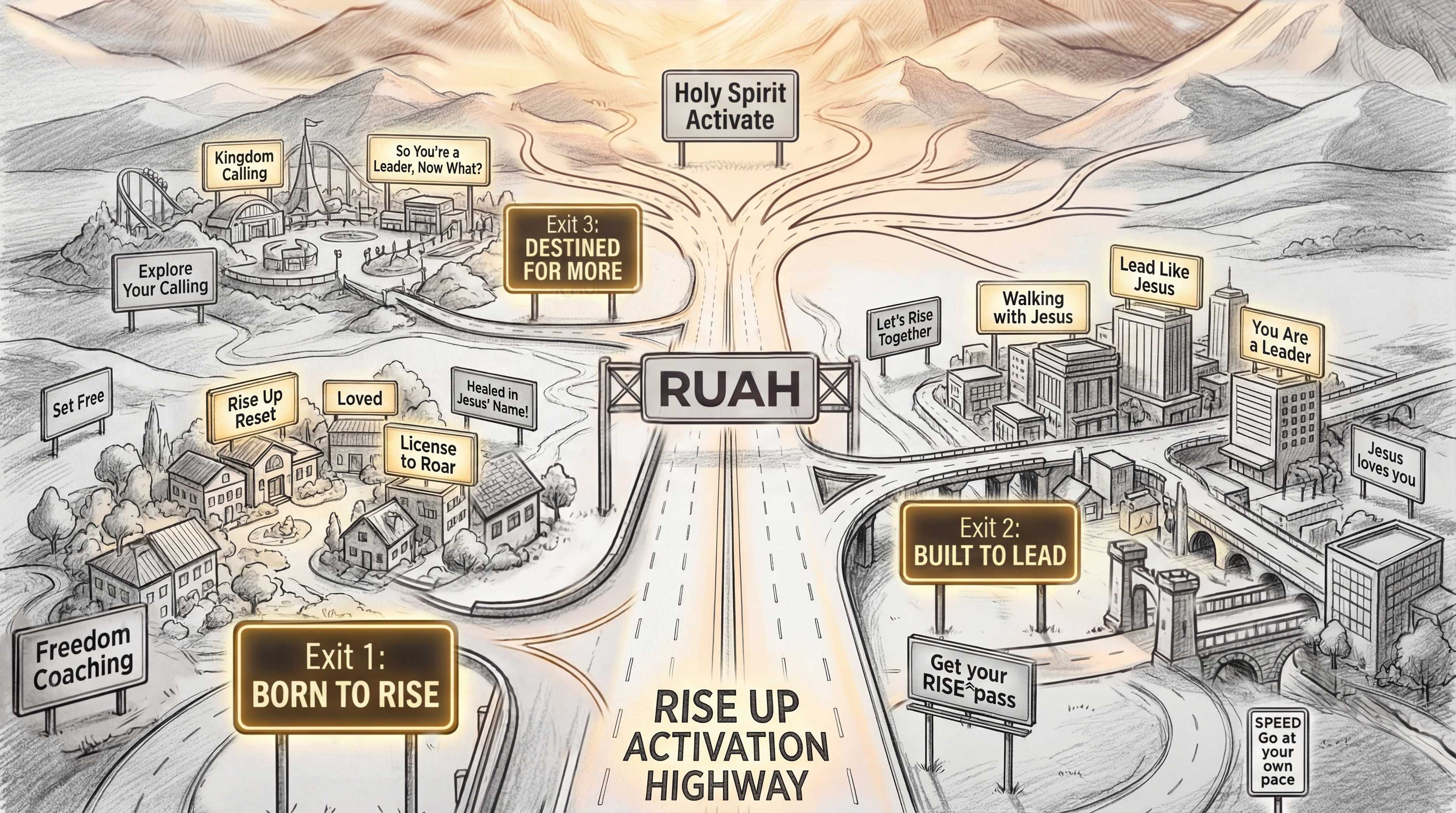 Illustrated highway map with three offramps: Born to Rise, Built to Lead, Destined for More.